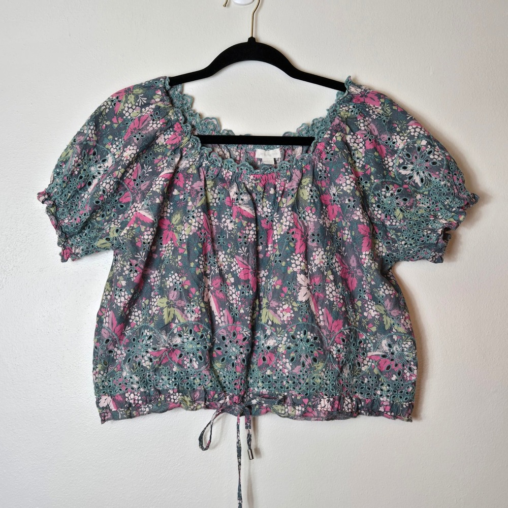 Jennifer & Grace Blue-Green Pink Floral Eyelet Cotton Peasant Top Puff Sleeve M